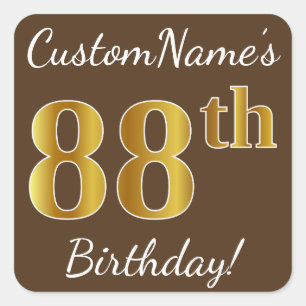 Sticker Carré Brown, Faux Gold 88e anniversaire + Nom personnali