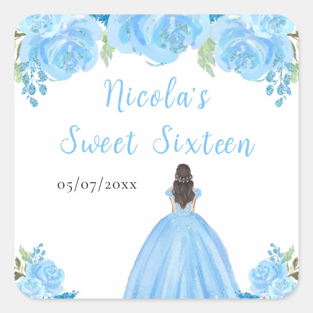 Sticker Carré Brown Hair Princess Blue Floral Sweet Sixteen  (Devant)