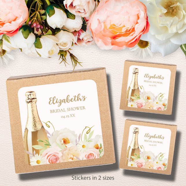 Sticker Carré Brunch & Bubbly Floral Baby Shower Mariage (Brunch & Bubbly blush floral bridal shower square stickers - choose 1-1/2" or 3" )