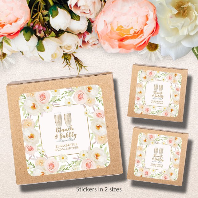 Sticker Carré Brunch & Bubbly Garden Floral Shower de Mariage (Brunch & Bubbly blush floral bridal shower square stickers - 3" and 1-1/2" )