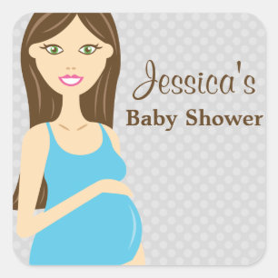 Sticker Carré Brunette Femme Enceinte En Baby shower Robe Bleue