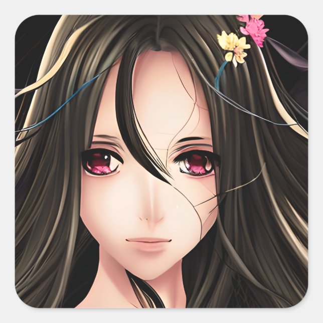 Sticker Carré Brunette Rose Eyed Anime Girl Cartoon (Devant)