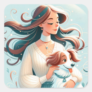 Sticker Carré Brunette Whimsical & Cavalier King Charles Spaniel
