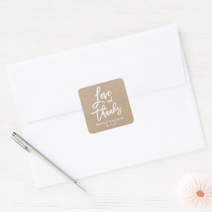 Sticker Carré Brush Script Love and Thanks Kraft Enveloppe Seals