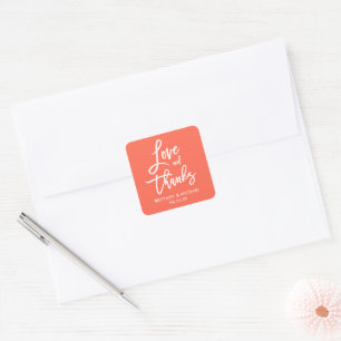 Sticker Carré Brush Script Love Merci Enveloppe Coral Seals