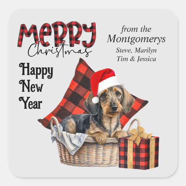 Sticker Carré Buffalo Plaid À poils durs Dachshund Chien Noël (Devant)