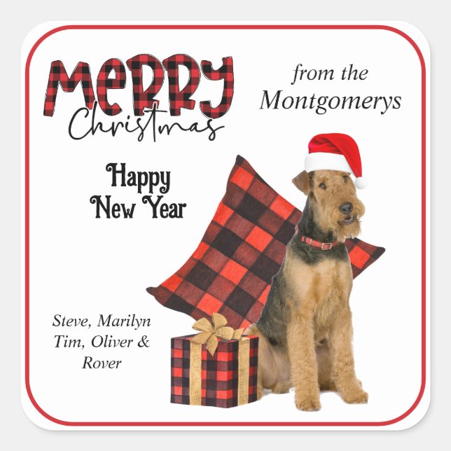 Sticker Carré Buffalo Plaid Airedale Chien Noël (Devant)