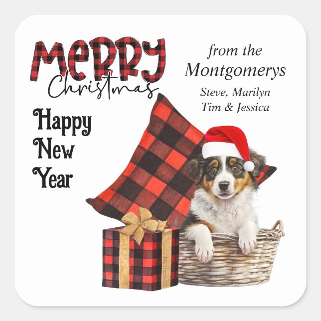 Sticker Carré Buffalo Plaid Australian Shepherd Puppy Christmas (Devant)