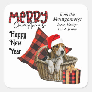 Sticker Carré Buffalo Plaid Beagle Puppy Christmas