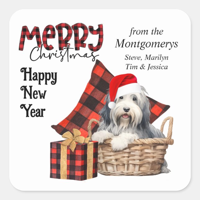 Sticker Carré Buffalo Plaid Beared Collie Puppy Holiday (Devant)