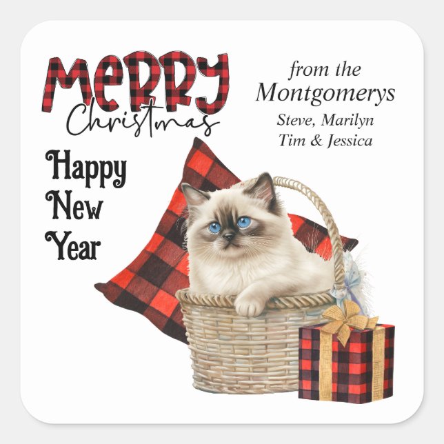 Sticker Carré Buffalo Plaid Birman Kitten Noël (Devant)