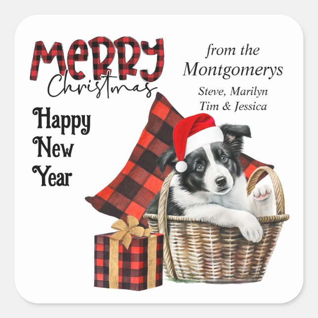 Sticker Carré Buffalo Plaid Bordure Collie Chiot Noël (Devant)