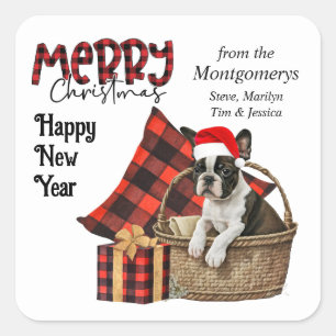 Sticker Carré Buffalo Plaid Boston Terrier Dog Noël
