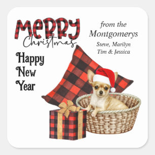 Sticker Carré Buffalo Plaid Brown Chihuahua Puppy Holiday