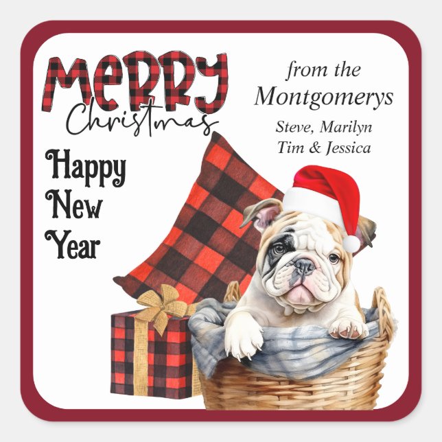 Sticker Carré Buffalo Plaid Buldog Puppy Christmas (Devant)