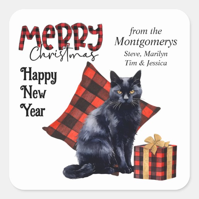 Sticker Carré Buffalo Plaid Chat Noir Noël (Devant)