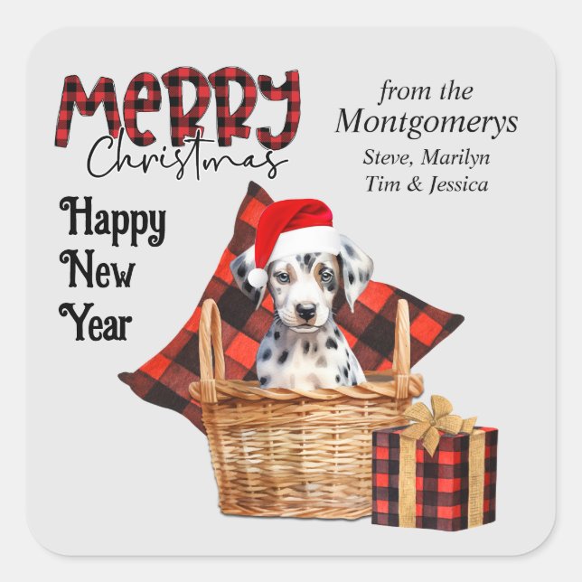 Sticker Carré Buffalo Plaid Dalmatie chiot Noël (Devant)