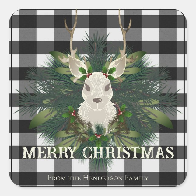Sticker Carré Buffalo Plaid Fête des Renne de Noël (Devant)