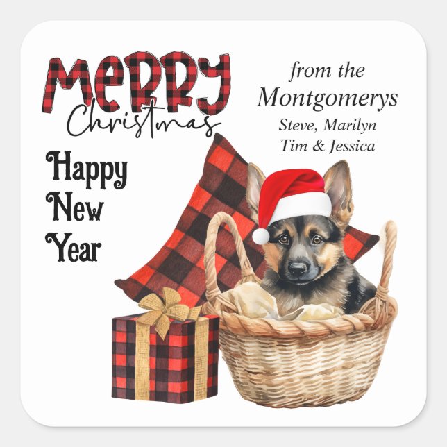 Sticker Carré Buffalo Plaid German Shepherd'Marionnette Noël (Devant)