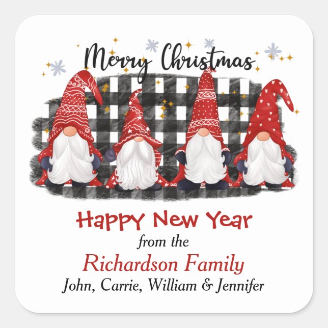 Sticker Carré Buffalo Plaid Gnome Salutation de Noël (Devant)