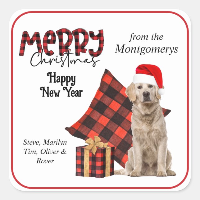 Sticker Carré Buffalo Plaid Golden Retriever Noël (Devant)