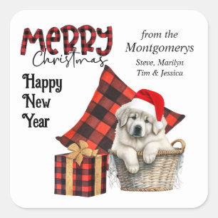 Sticker Carré Buffalo Plaid Great Pyrenees Puppet Holiday