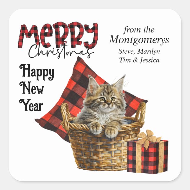 Sticker Carré Buffalo Plaid Maine Coon Kitten Noël (Devant)