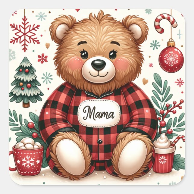 Sticker Carré Buffalo Plaid Mama Ours Noël (Devant)
