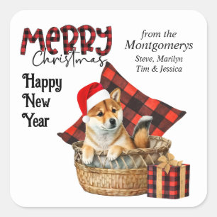 Sticker Carré Buffalo Plaid Shiba Inu Puppy Christmas