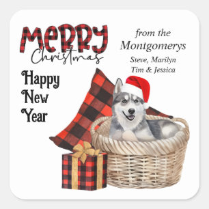 Sticker Carré Buffalo Plaid Sibérien Husky Chien Noël