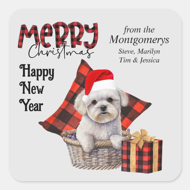 Sticker Carré Buffalo Plaid White Maltese Chien Christmas (Devant)