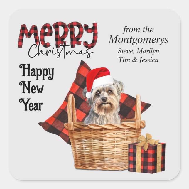 Sticker Carré Buffalo Plaid Yorkshire Terrier Chien Noël (Devant)
