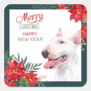 Sticker Carré Bull Terrier Chien Poinsettia frontière Noël