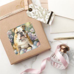 Sticker Carré Bulldog avec les oeufs de Pâques vacances