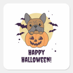 Sticker Carré Bulldog En Chiens Citrouilles Mignons Joyeux Hallo