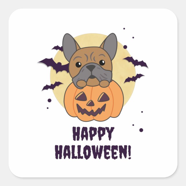 Sticker Carré Bulldog En Chiens Citrouilles Mignons Joyeux Hallo (Devant)