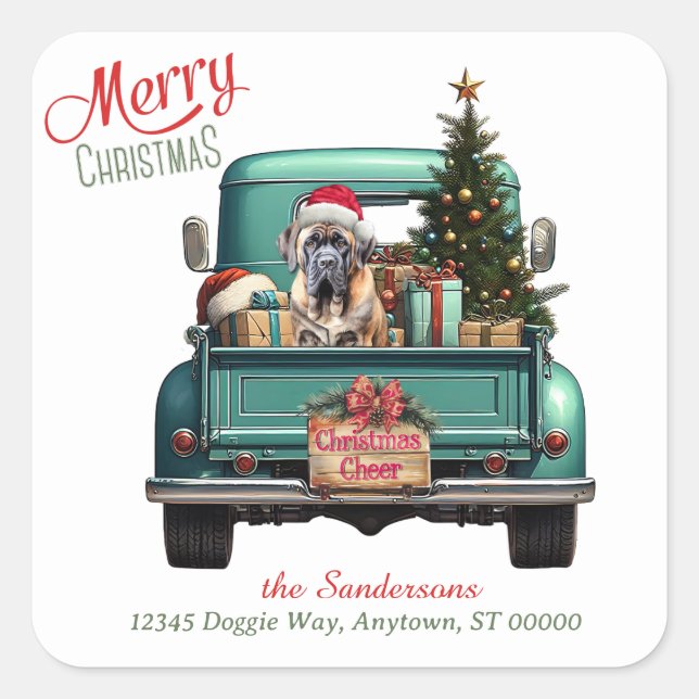 Sticker Carré Bullmastiff Chien Retro Camion Noël (Devant)