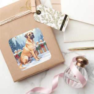 Sticker Carré Bullmastiff Forêt d'hiver Houx Art de Noël