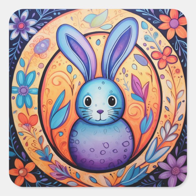 Sticker Carré Bunny de Pâques Floral mignon printemps (Devant)