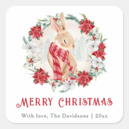 Sticker Carré Bunny Poinsettia Aquarelle Simple Noël