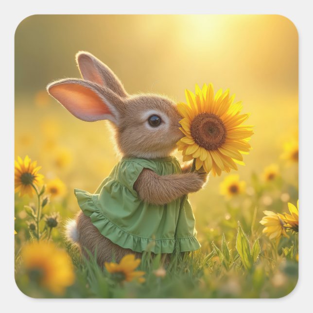 Sticker Carré Bunny Sniffer un tournesol jaune (Devant)