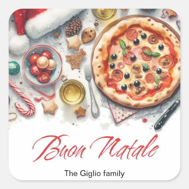 Sticker Carré Buon Natale Aquarelle fête de Noël italienne (Devant)