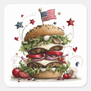 Sticker Carré Burger Art Américain Patriotique 