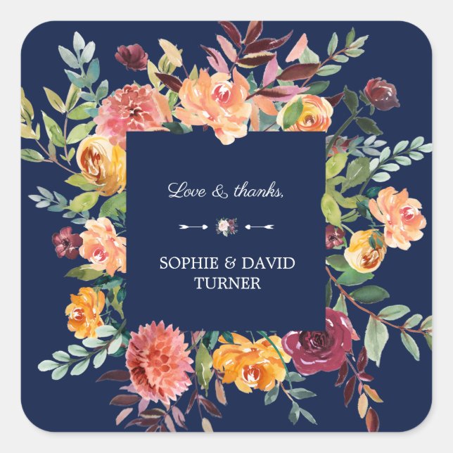 Sticker Carré Burgundy Blush Floral Frame Bleu foncé Mariage (Devant)