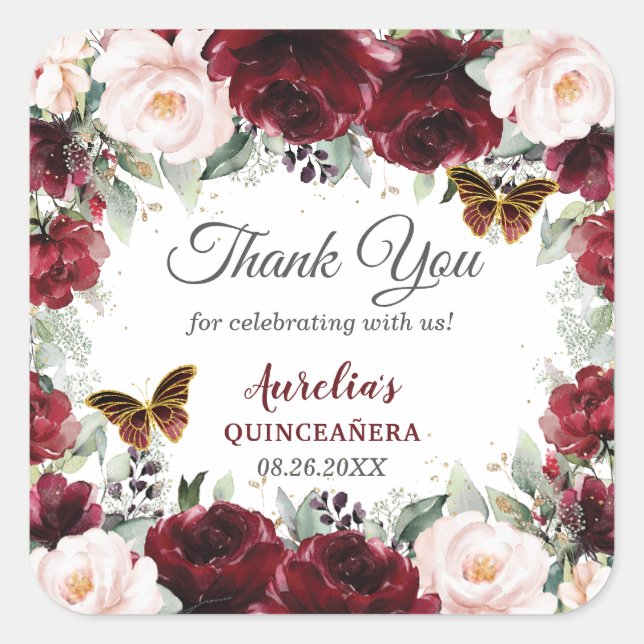 Sticker Carré Burgundy Blush Floral Quinceañera Papillons (Devant)