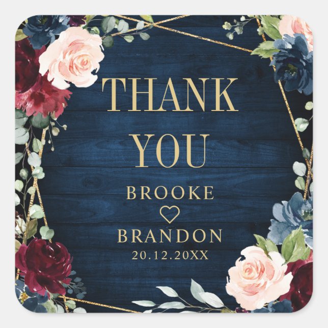 Sticker Carré Burgundy Navy Blush Floral Mariage géométrique (Devant)