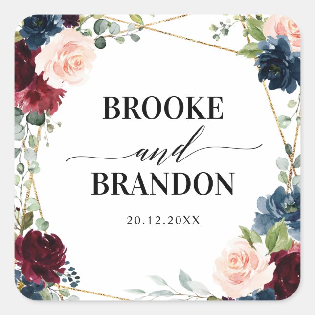 Sticker Carré Burgundy Navy Blush Floral Mariage géométrique (Devant)