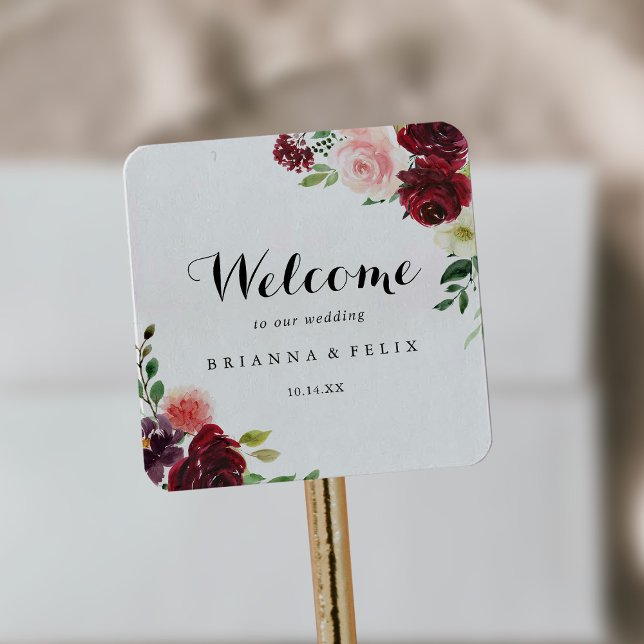 Sticker Carré Burgundy Spring Floral Calligraphie Mariage Bienve (Créateur téléchargé)
