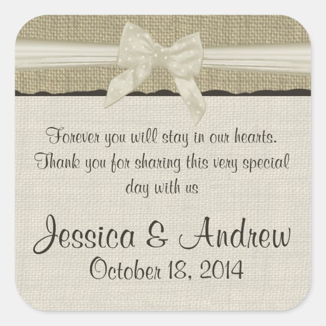 Sticker Carré Burlap et Bow rustique pays (Devant)