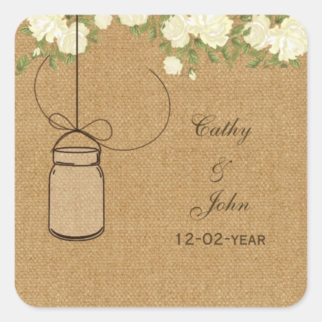 Sticker Carré burlap ivoire rose mason jarre mariage faveurs aut (Devant)